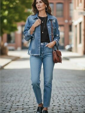 Distressed Denim Jacket | Oversized Medium Wash Jean Jacket | Frayed Hem